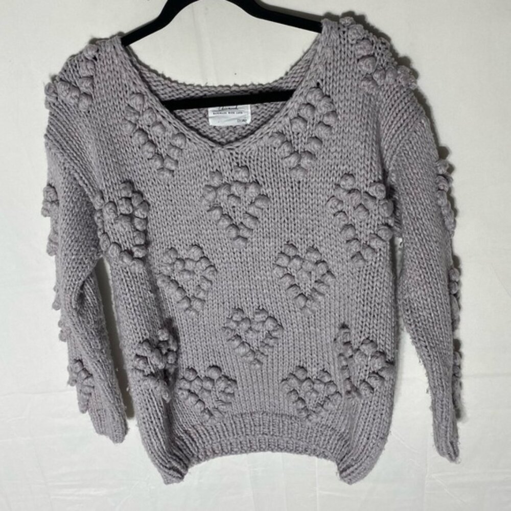 Chicwish Handmade Purple Grey V Neck Textured Bubble Knit Hearts Sweater M